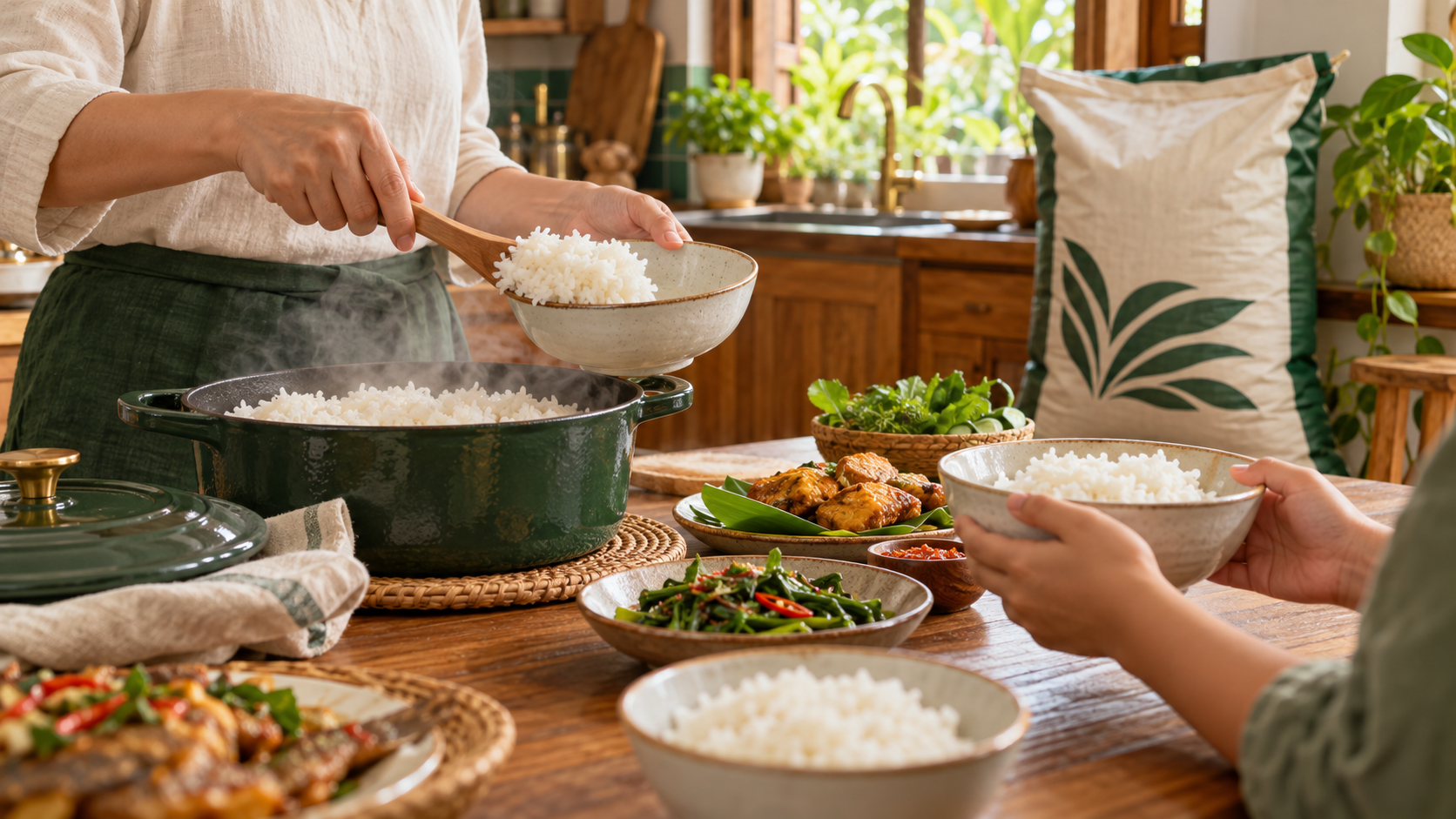 Momen menyajikan nasi hangat bersama di rumah